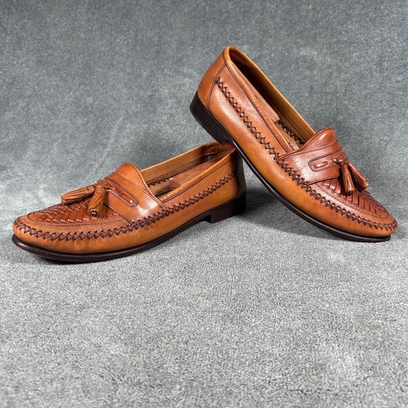 VTG Sandler of Boston Woven Tassel Loafers Mens 13D Tan Leather Made in Brazil